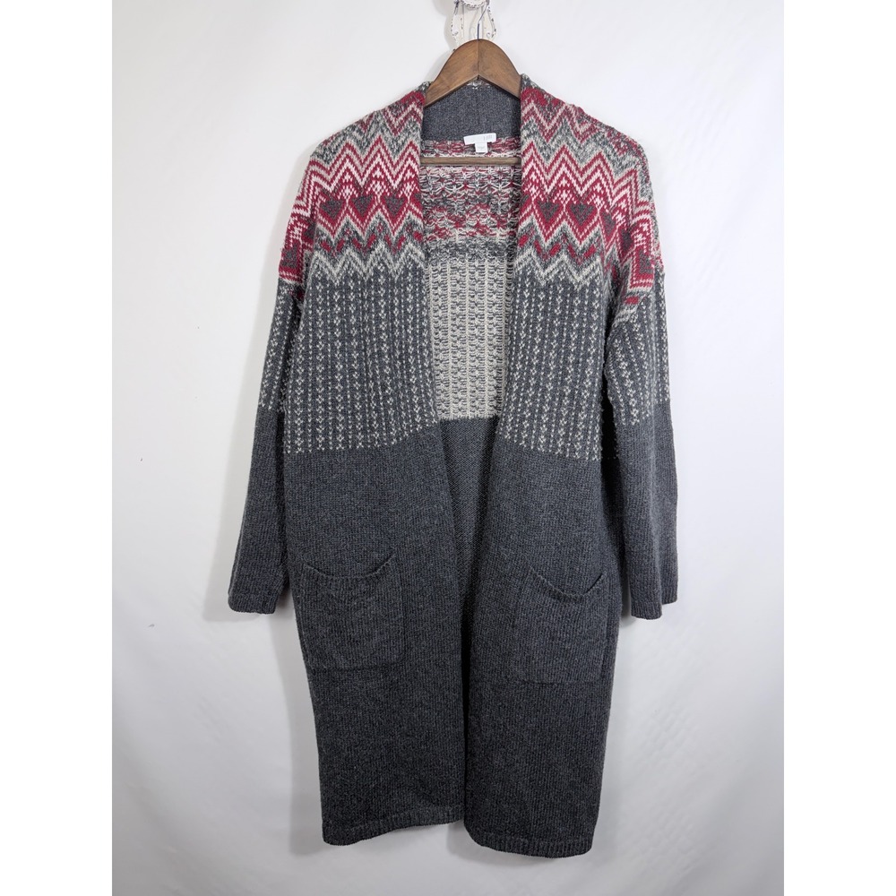 J. Jill Cardigan Large Gray Fair Isle Longline Open Front Wool Blend Duster
